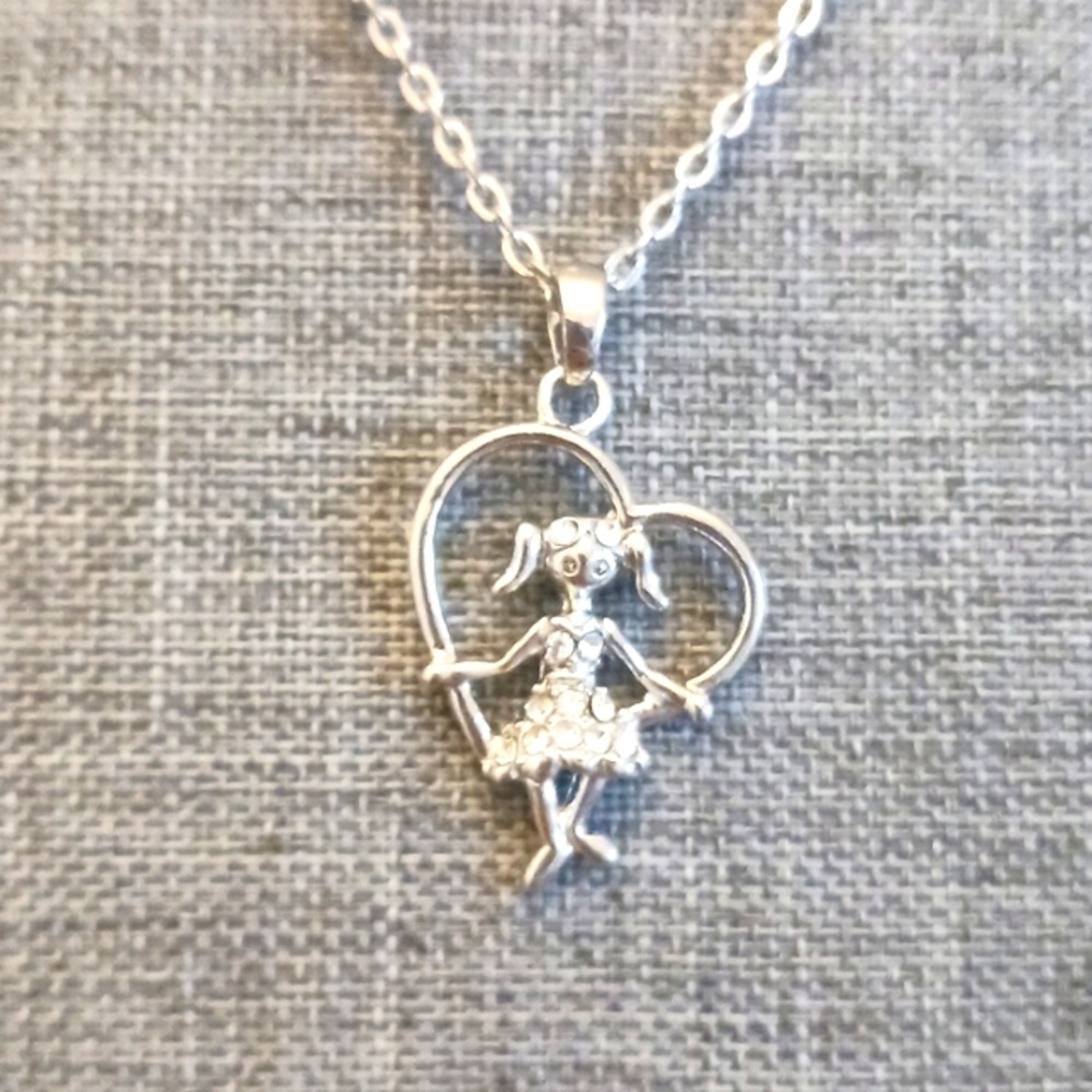 Little Girl w/ Crystals Heart Silvertone Pendant Necklace - Pre-loved (18"-20")